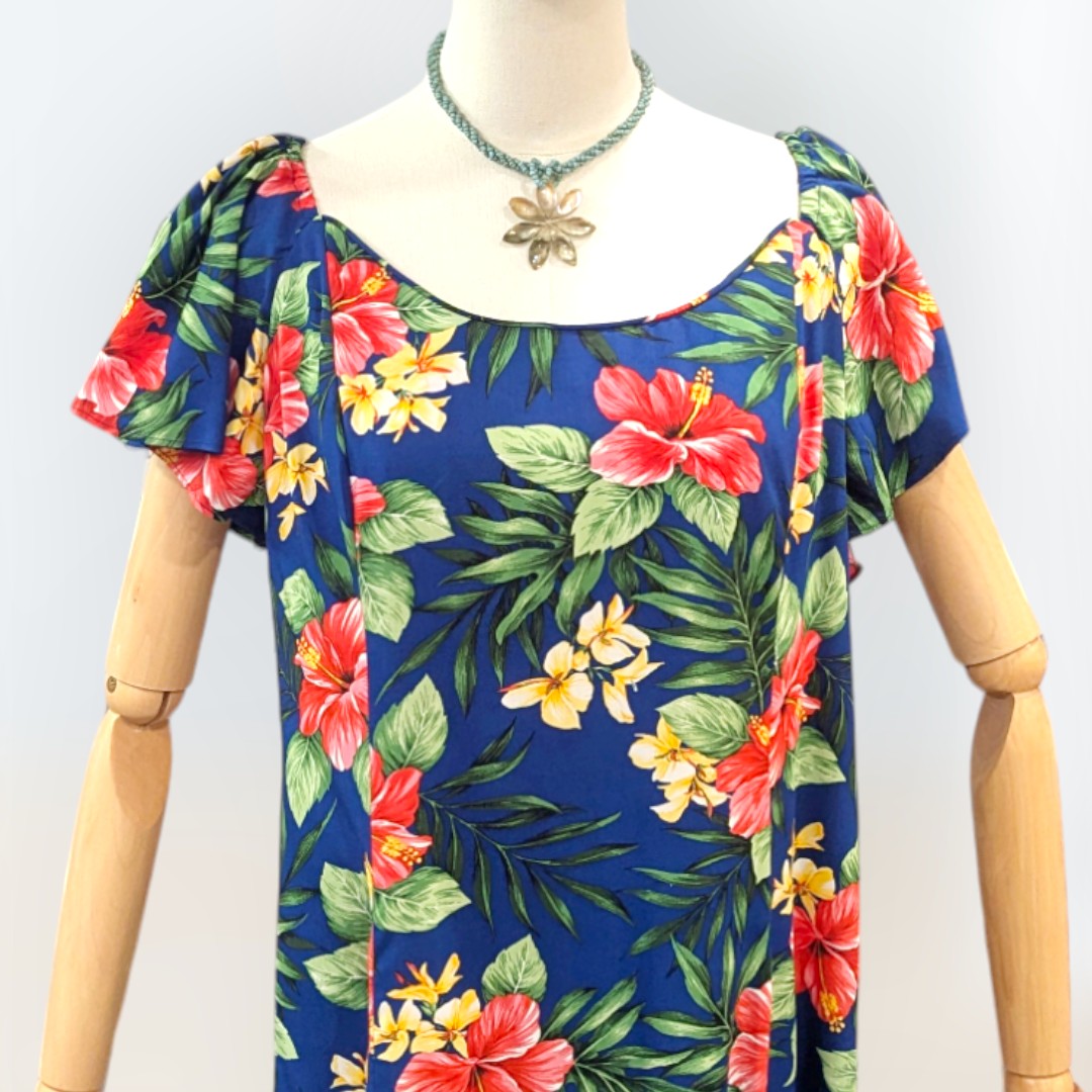 FlareSleeveHawaiianRayonDress-HibisucusandPlumeriainNavy