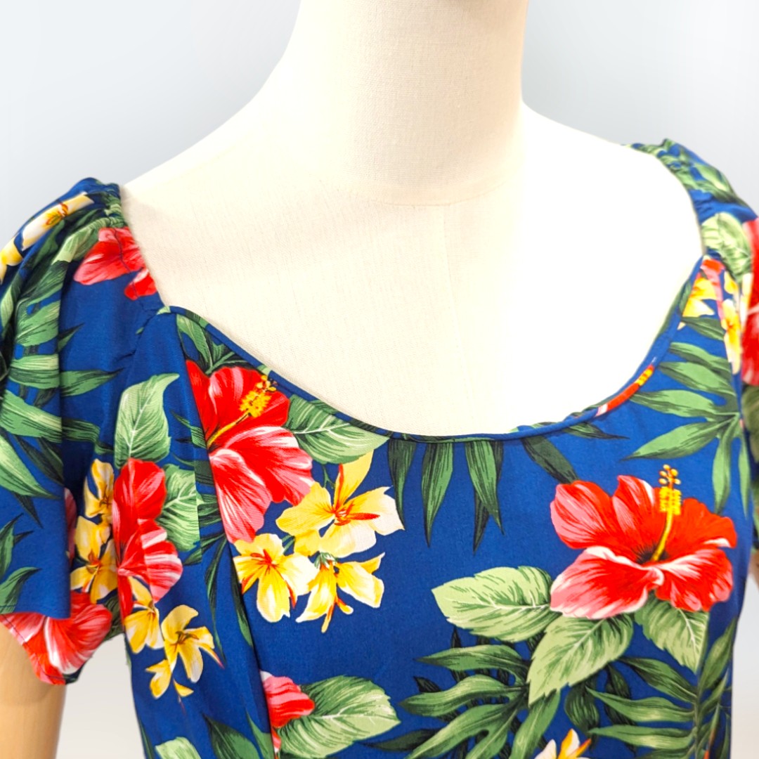 FlareSleeveHawaiianRayonDress-HibisucusandPlumeriainNavy