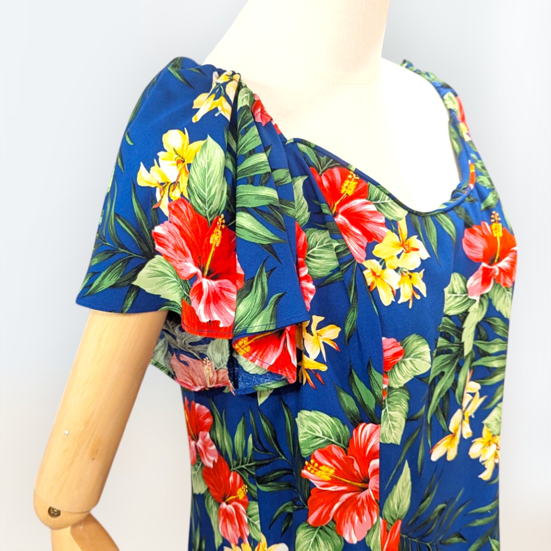 FlareSleeveHawaiianRayonDress-HibisucusandPlumeriainNavy