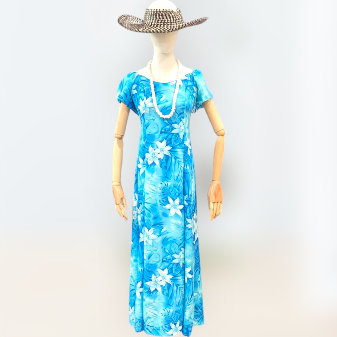 FlareSleeveHawaiianRayonDress-LightBlue