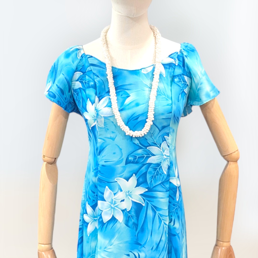 FlareSleeveHawaiianRayonDress-LightBlue