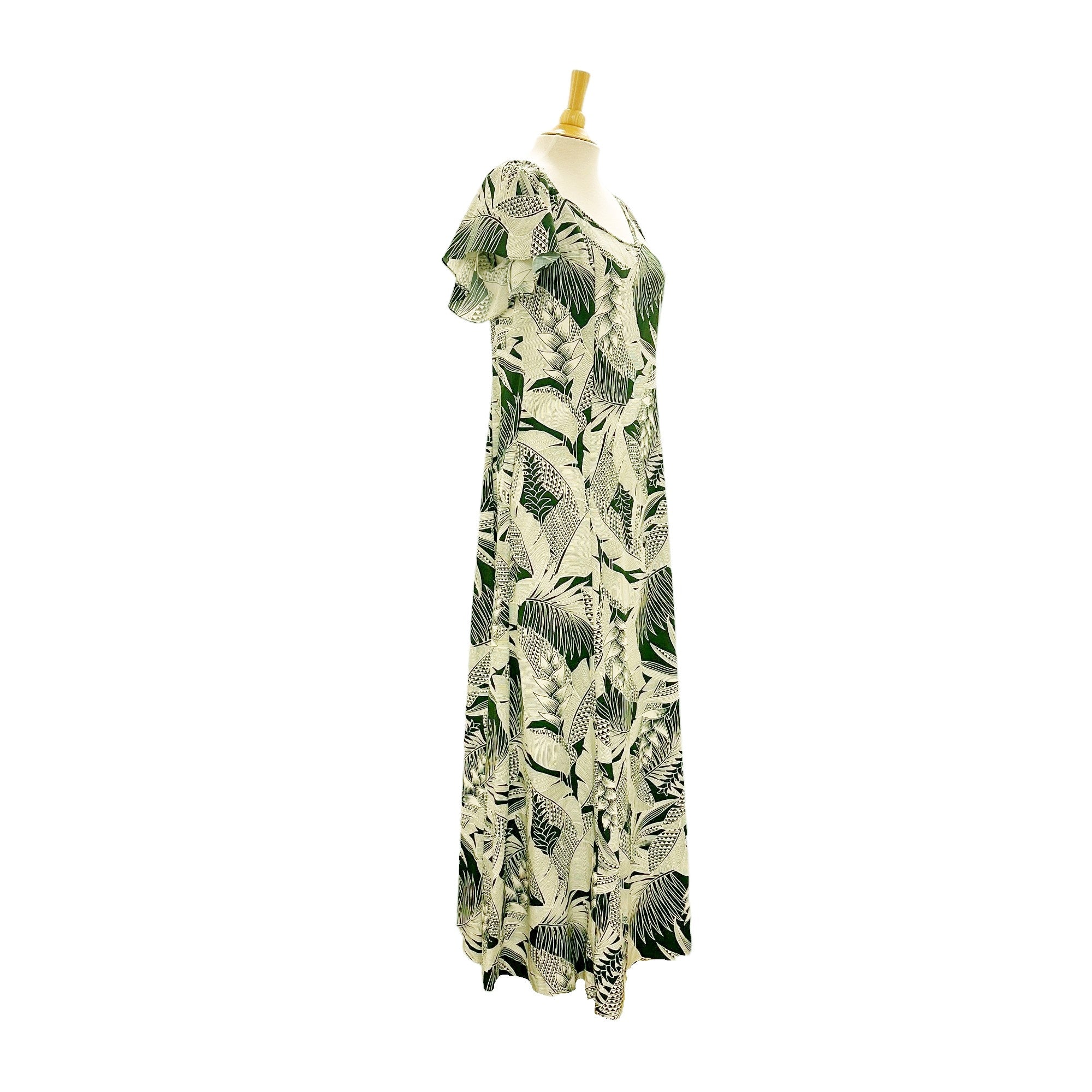 Flare Sleeve  Hawaiian plants Print Rayon Dress - khaki　2869 - 0