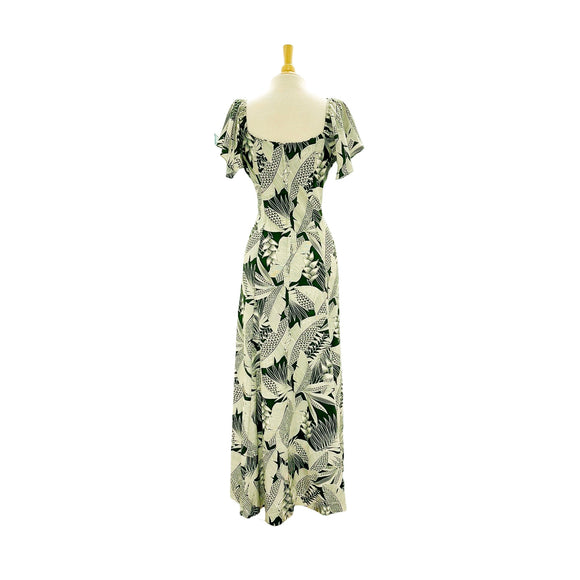 Flare Sleeve  Hawaiian plants Print Rayon Dress - khaki