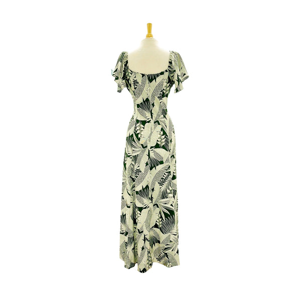 Flare Sleeve  Hawaiian plants Print Rayon Dress - khaki　2869