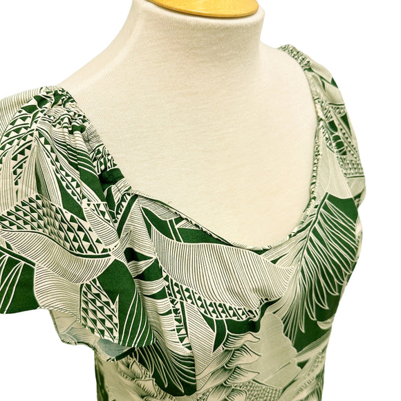 Flare Sleeve  Hawaiian plants Print Rayon Dress - khaki