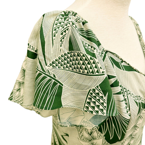 Flare Sleeve  Hawaiian plants Print Rayon Dress - khaki