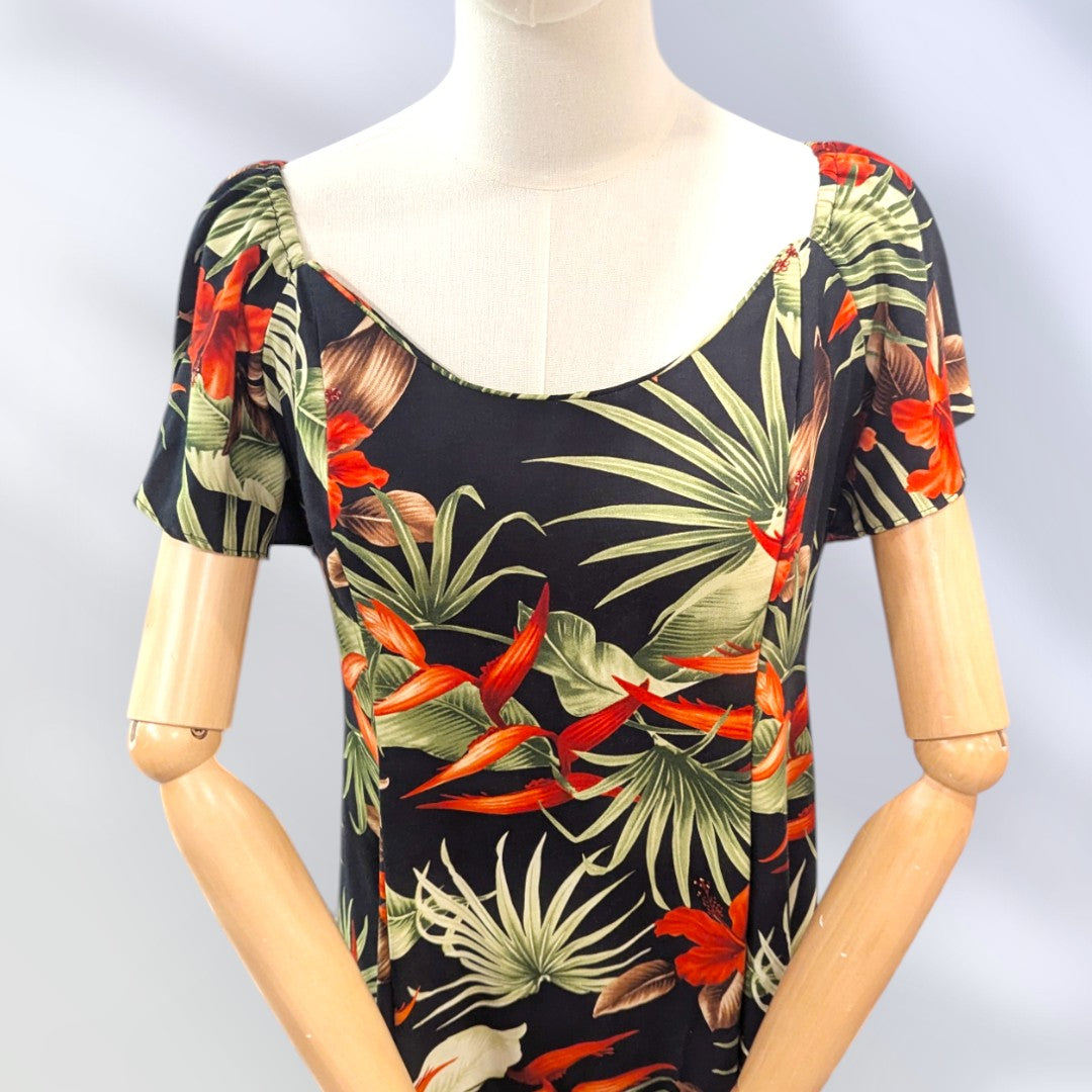 Flare Sleeve Hawaiian RayonDress Hibisucus Black