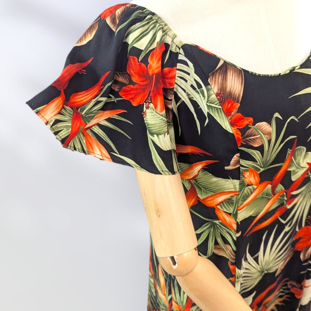 Flare Sleeve Hawaiian RayonDress Hibisucus Black