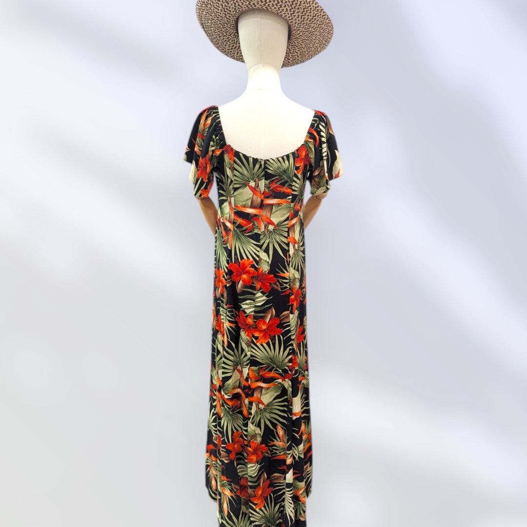 Flare Sleeve Hawaiian RayonDress Hibisucus Black