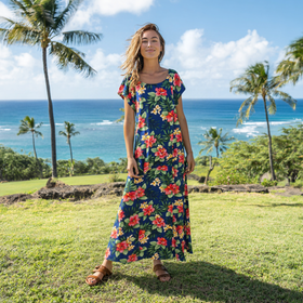Flare Sleeve  Hawaiian Rayon Dress - Hibisucus and Plumeria in Navy 2869