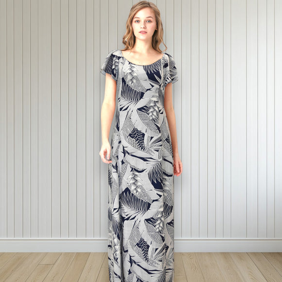 Flare Sleeve  Hawaiian plants Print Rayon Dress - Navy