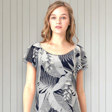 Flare Sleeve  Hawaiian plants Print Rayon Dress - Navy