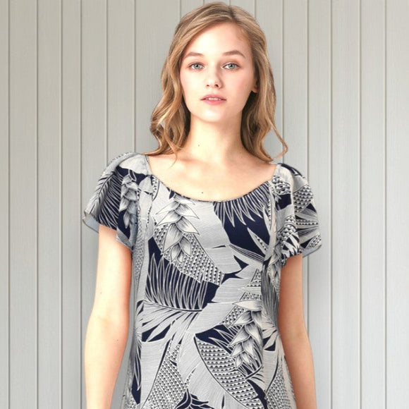 Flare Sleeve  Hawaiian plants Print Rayon Dress - Navy