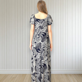 Flare Sleeve  Hawaiian plants Print Rayon Dress - Navy