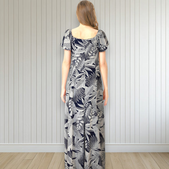 Flare Sleeve  Hawaiian plants Print Rayon Dress - Navy