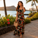 Flare Sleeve  Hawaiian Rayon Dress - Hibisucus and  Plants Print Black 2869-1