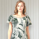 Flare Sleeve  Hawaiian plants Print Rayon Dress - khaki