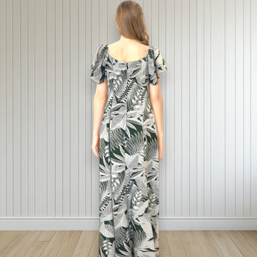 Flare Sleeve  Hawaiian plants Print Rayon Dress - khaki