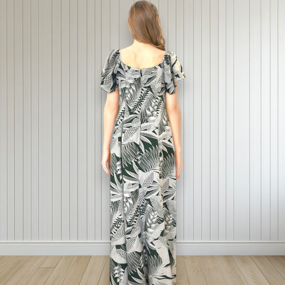 Flare Sleeve  Hawaiian plants Print Rayon Dress - khaki