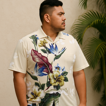 Floral Print Hibiscus Flower Aloha Shirt  Beige
