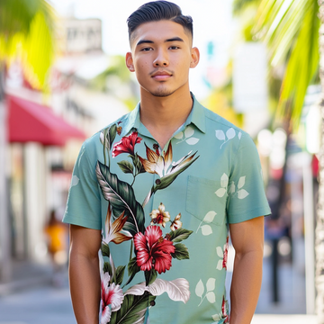 Point Floral Print Hibiscus Flower Aloha Shirt  Green