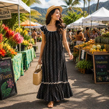 Buy black Flower Lei Ribbon Shoulder Muumuu Dress – Vintage Hawaiian Resort Style