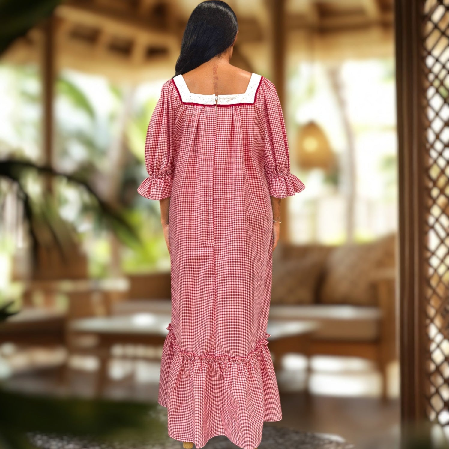Gingham Lace Trim Muumuu Dress