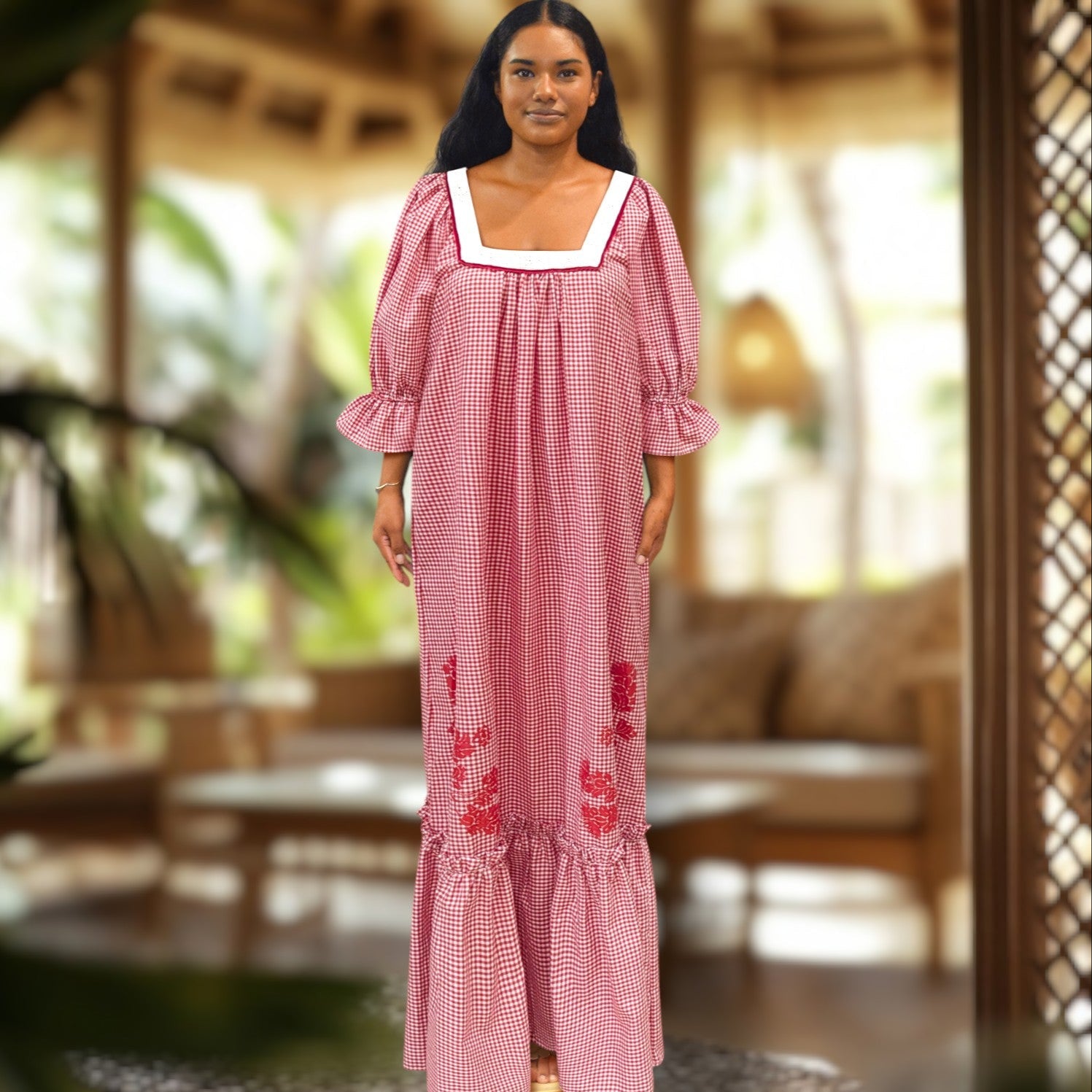 Gingham Lace Trim Muumuu Dress
