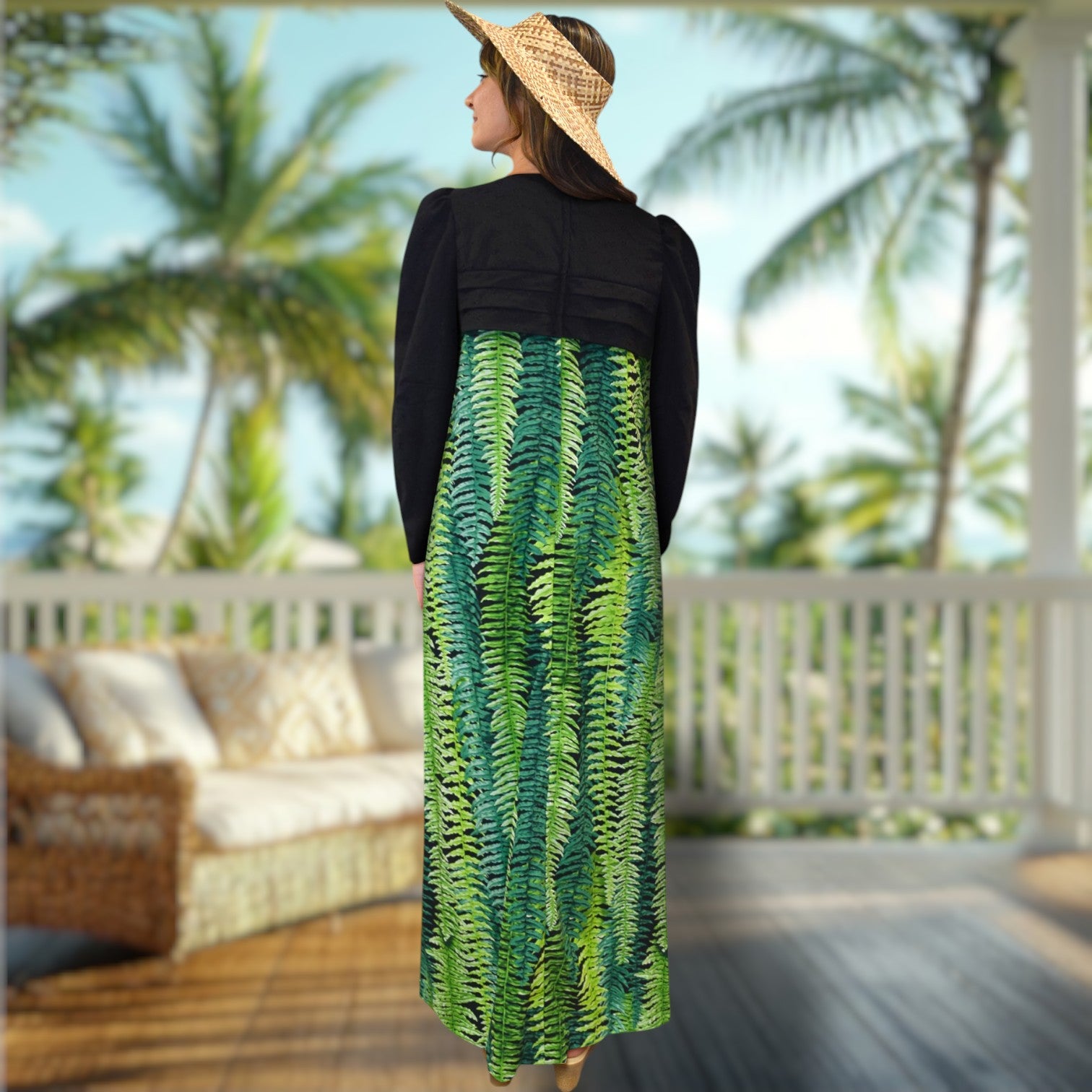 Green Fern Print Black Lace Hawaiian 
Dress