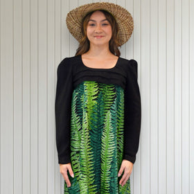 Green Fern Print Black Lace Hawaiian 
Dress