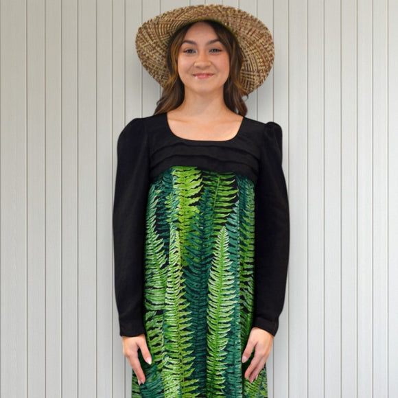 Green Fern Print Black Lace Hawaiian 
Dress
