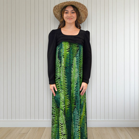 Green Fern Print Black Lace Hawaiian 
Dress