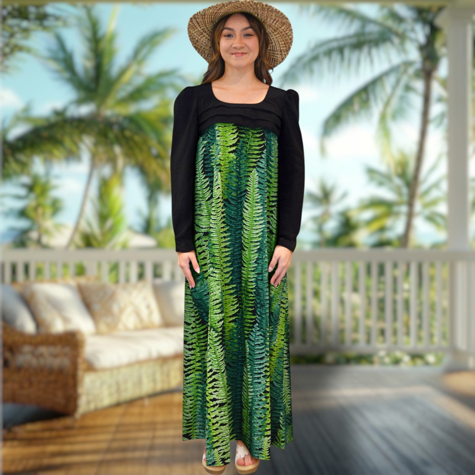 Green Fern Print Black Lace Hawaiian 
Dress