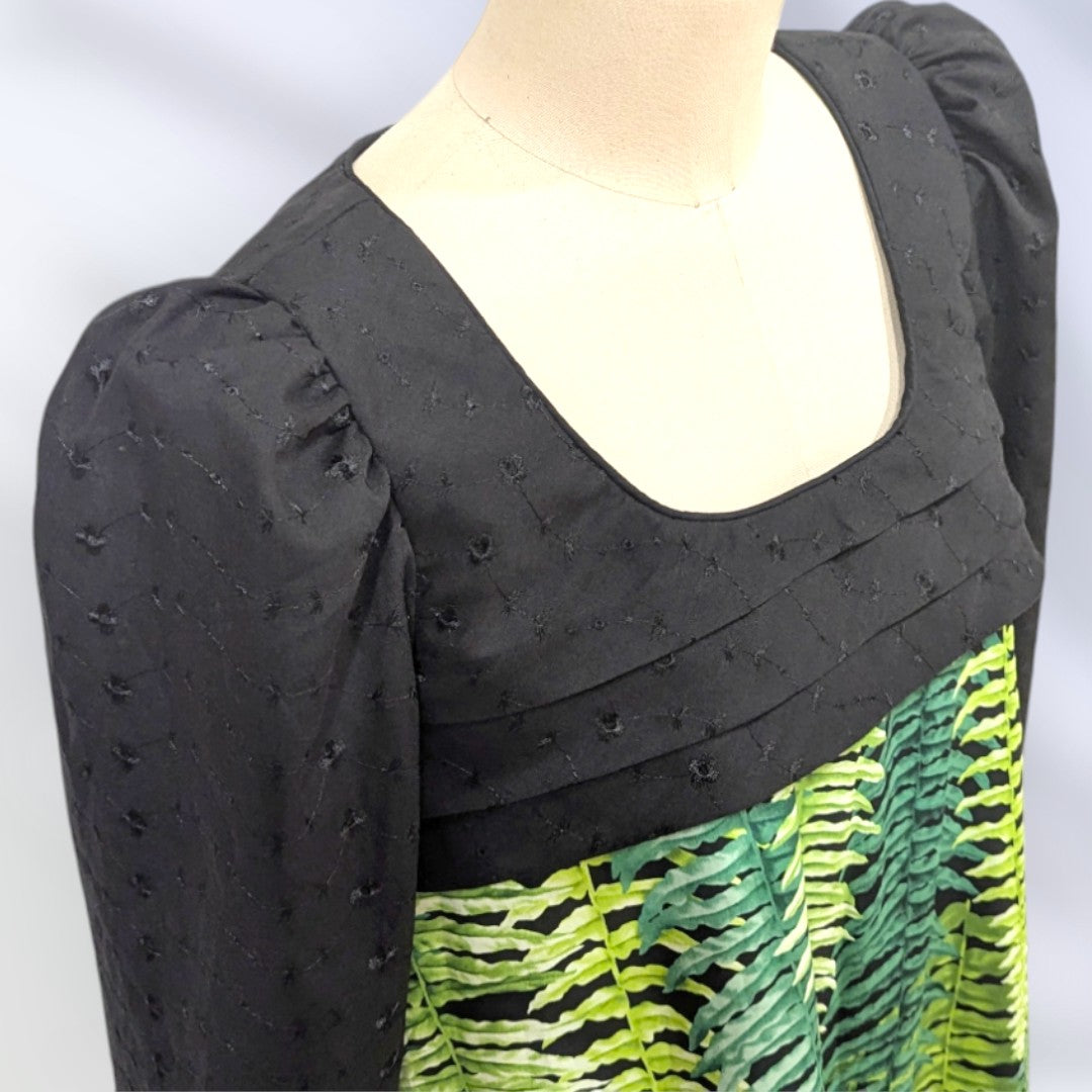 Green Fern Print Black Lace Hawaiian 
Dress