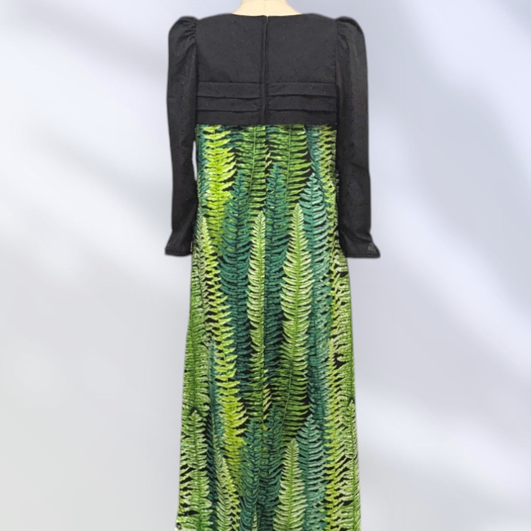 Green Fern Print Black Lace Hawaiian 
Dress