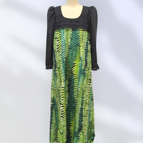Green Fern Print Black Lace Hawaiian 
Dress