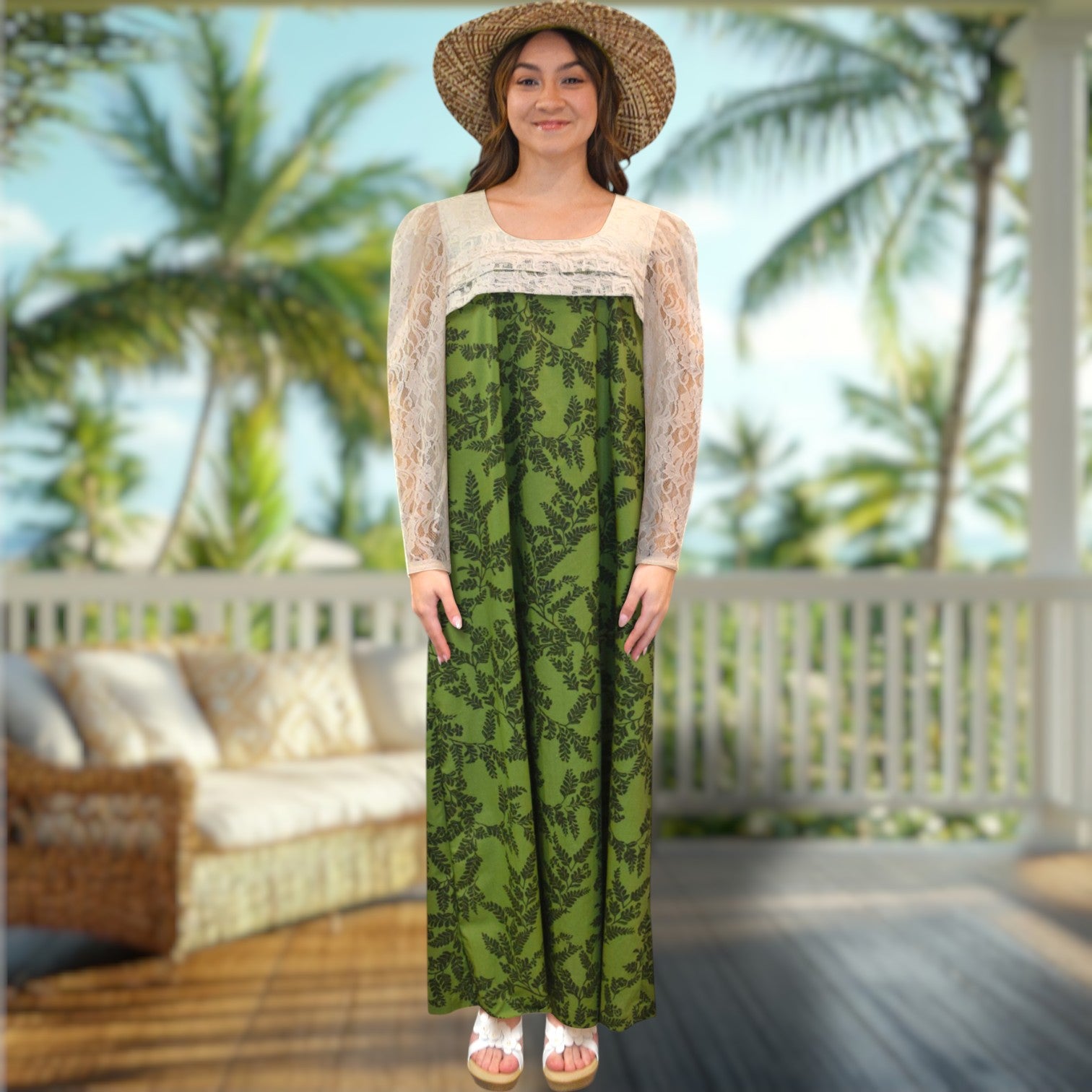 Green Leaf Long Pleated White Lace Hawaiian Dress