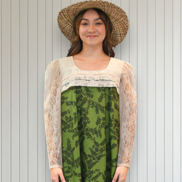 Green Leaf Long Pleated White Lace Hawaiian Dress