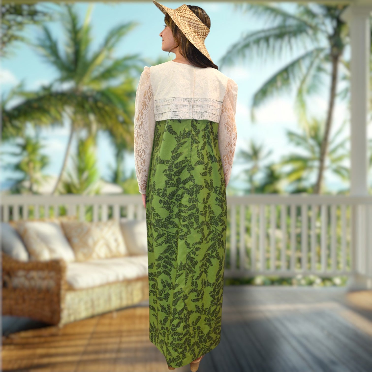 Green Leaf Long Pleated White Lace Hawaiian Dress
