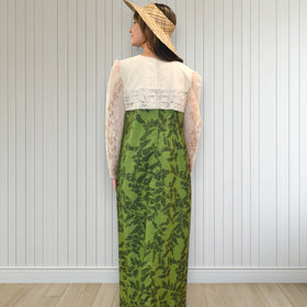 Green Leaf Long Pleated White Lace Hawaiian Dress