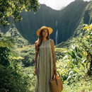 A-Line Cotton Long Dress with Hawaiian Lei Print – Sage Green MR143-2