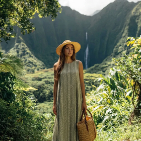 A-Line Cotton Long Dress with Hawaiian Lei Print – Sage Green MR143 - 0