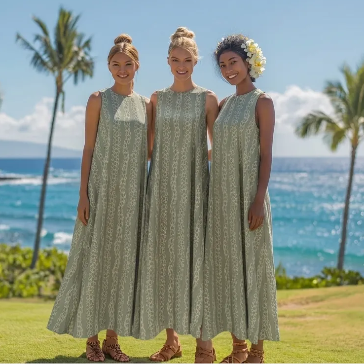 A-Line Cotton Long Dress with Hawaiian Lei Print – Sage Green MR143 S/M