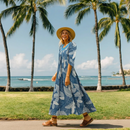 Green Tropical Leaf Muumuu with Velvet Yoke MR144-1