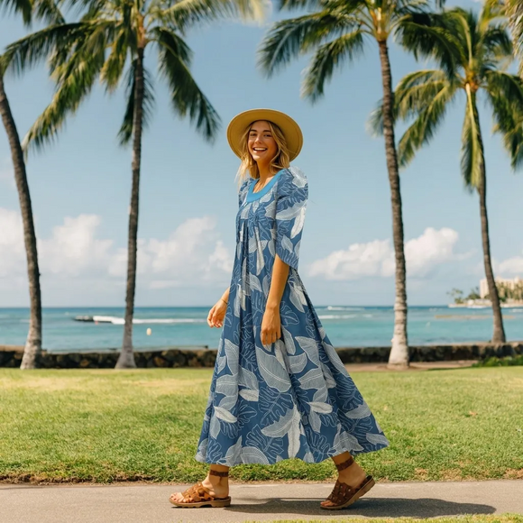 Green Tropical Leaf Muumuu with Velvet Yoke MR144