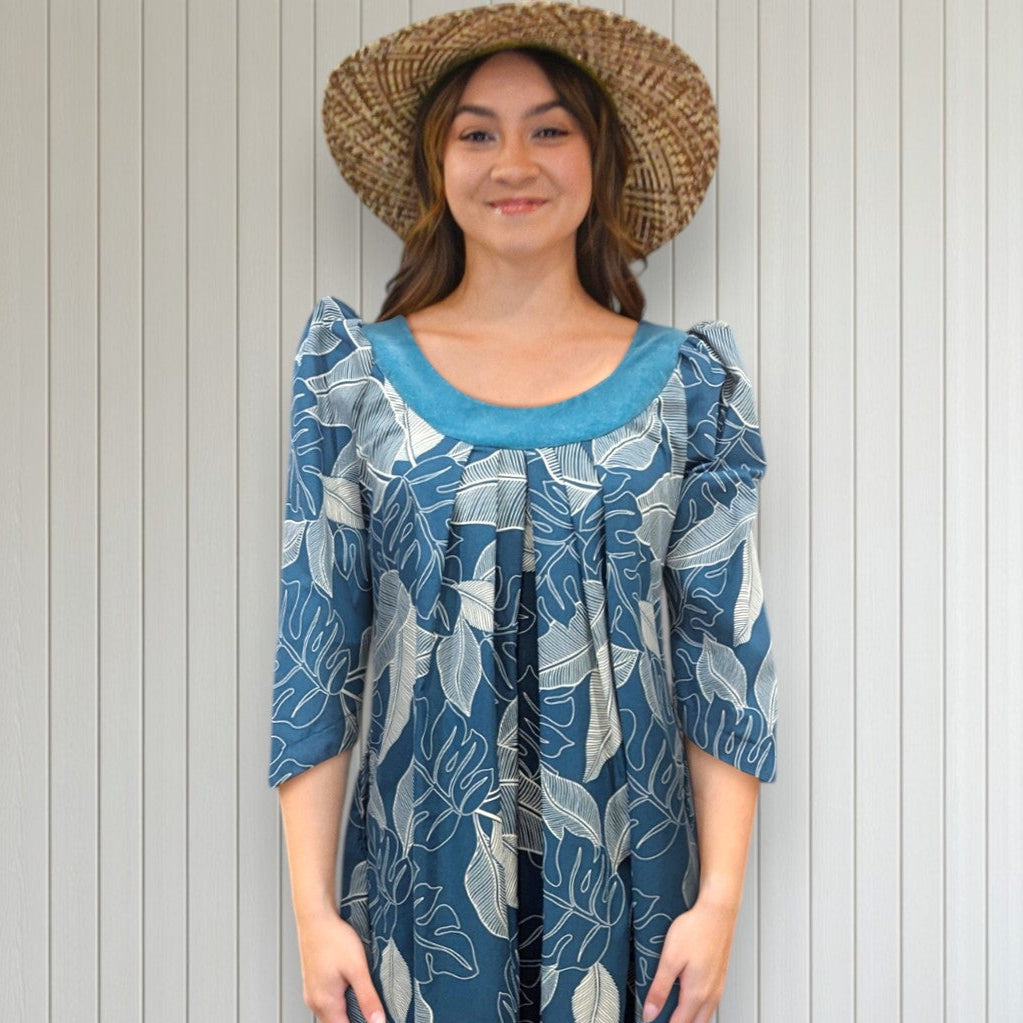 Green Tropical Leaf Muumuu with Velvet Yoke MR144 | Muumuu Mall by