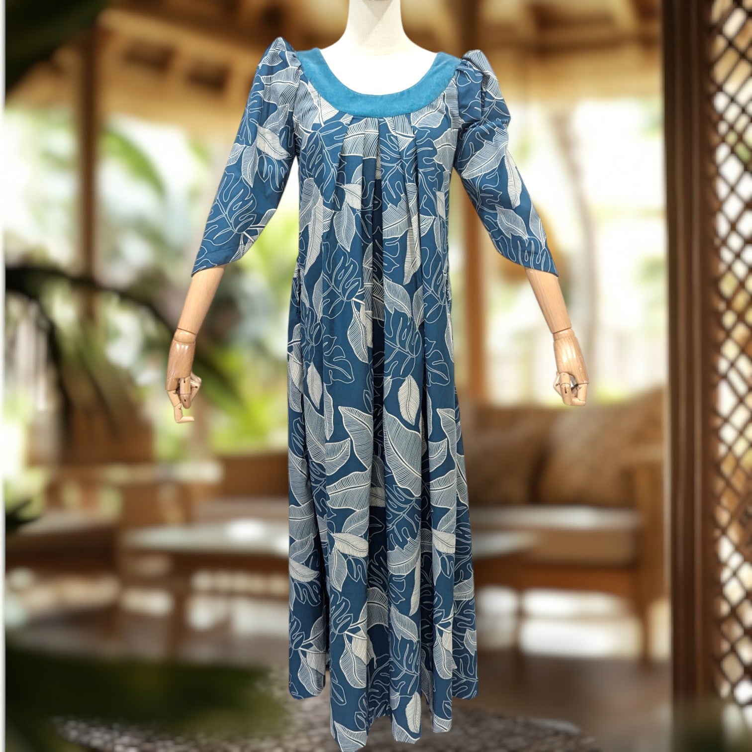 Green Tropical Leaf Muumuu Velvet Yoke