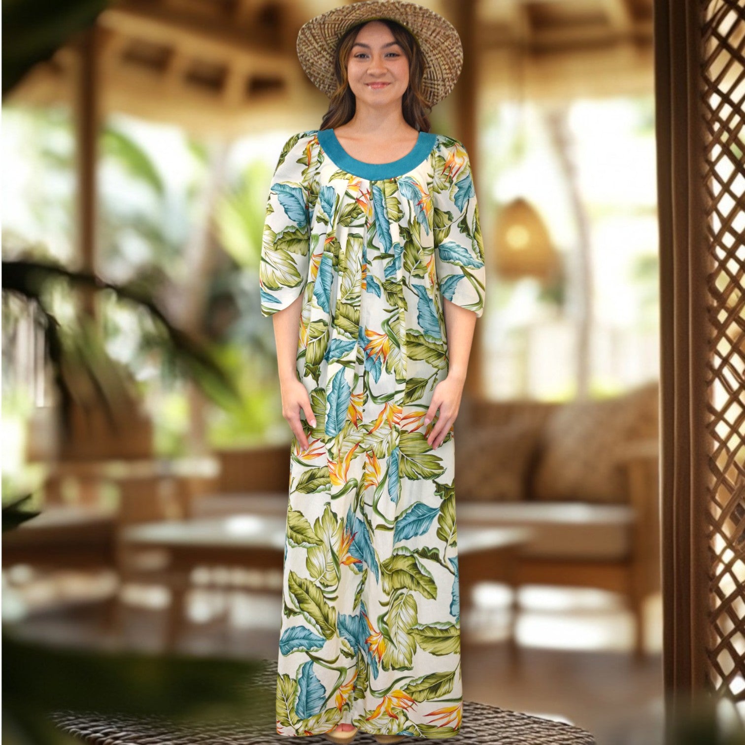 Green Velvet Collar Hawaiian Muumuu Dress
