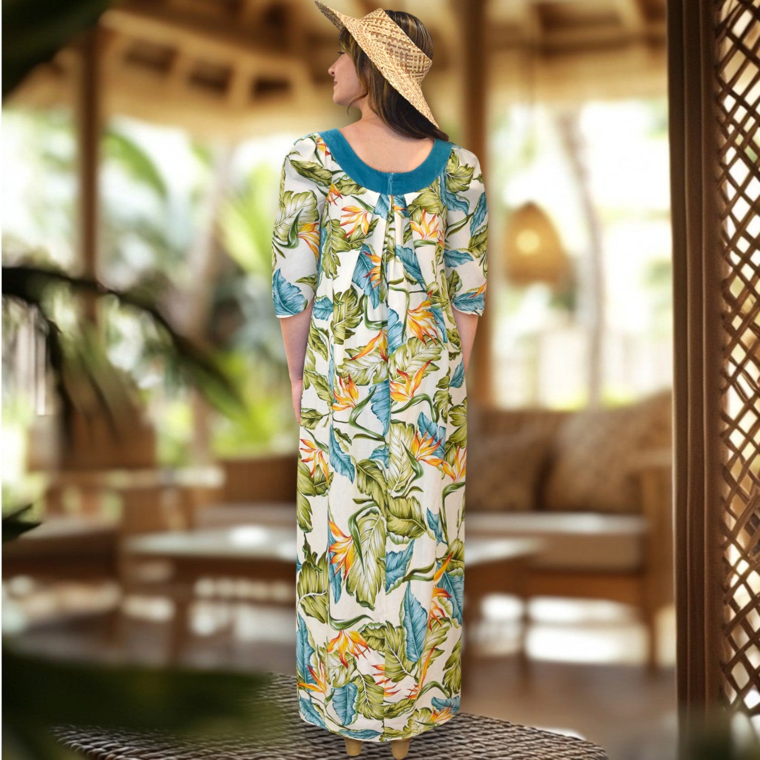 Green Velvet Collar Hawaiian Muumuu Dress