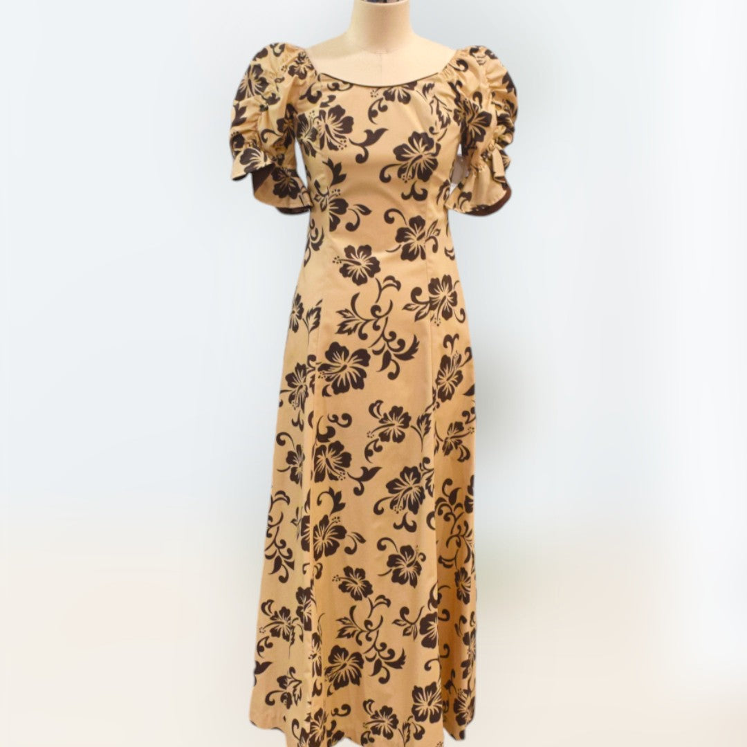 Half Sleeve Beige Hibiscus Hawaiian Dress